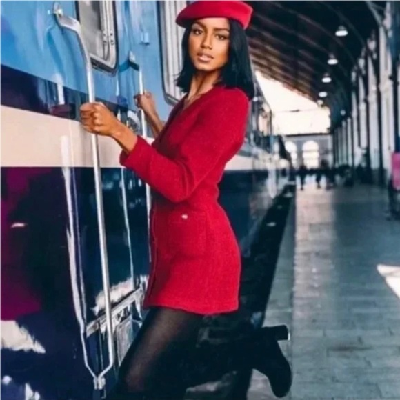 Textured red tweed Zara dress with sailor buttons NWOT - Picture 1 of 4